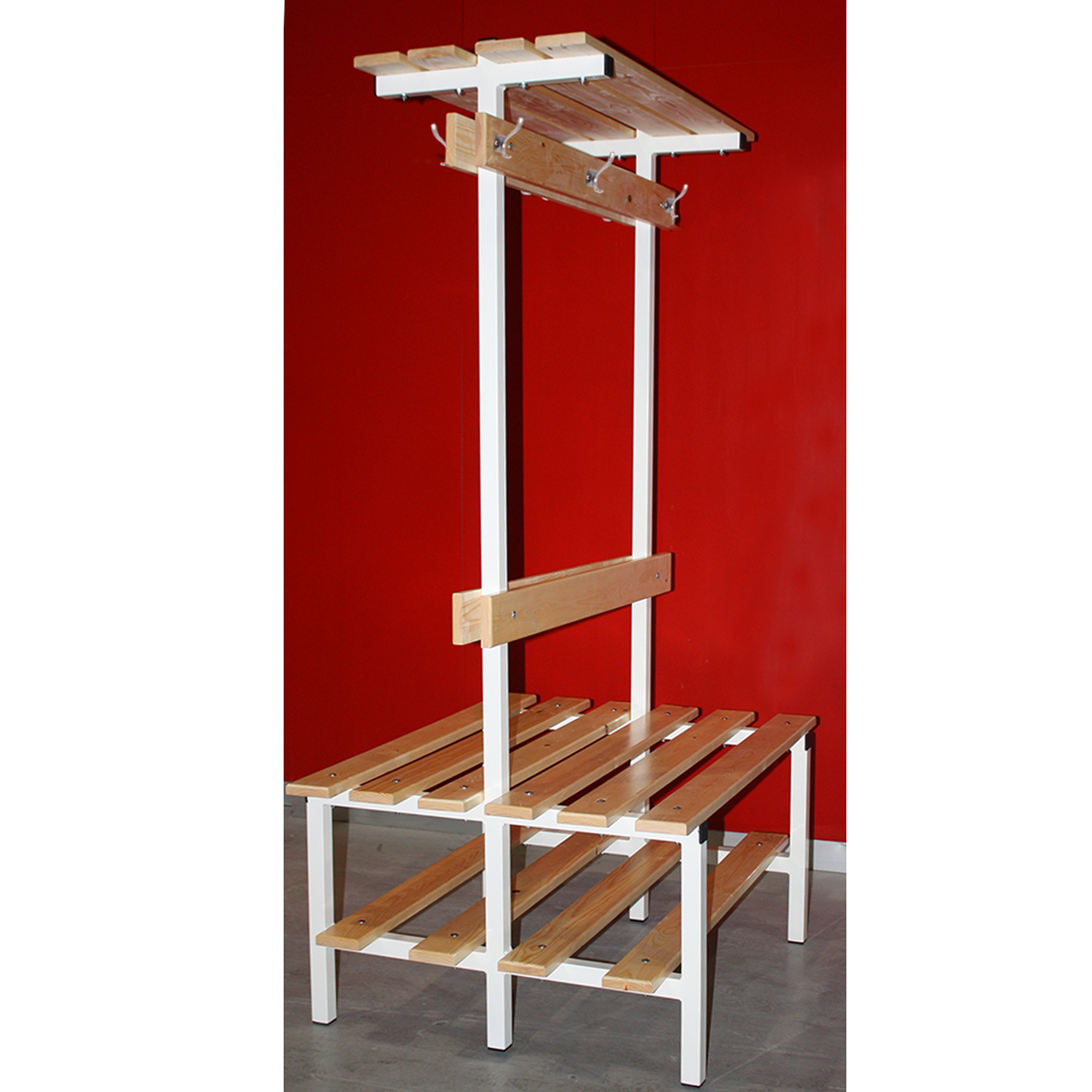 BANCO VESTUARIO DOBLE CON ZAPATILLERO, PERCHA Y ESTANTE SUPERIOR - Imagen 4